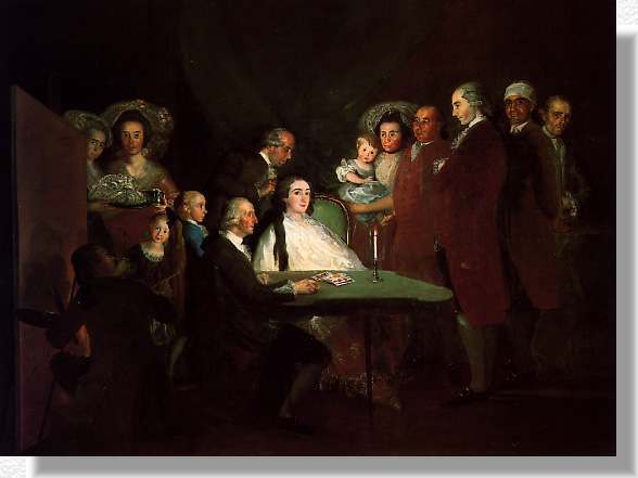 Familia del Infante Don Luis, Goya 1784, Fundación Magnani-Rocca, Corte di Mamiano, Parma. La esposa mirando al espectador, es peinada por su peluquero ante el Infante, sus hijos y sirvientes